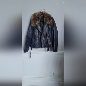 Navy Real leather coat with detachable fur collar